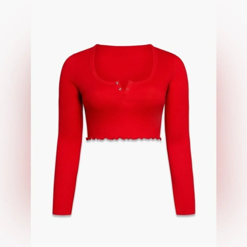 Savage X Fenty Long Sleeve Crop Women's Size‎ 1X Goji Berry Red Waffle Sleepwear